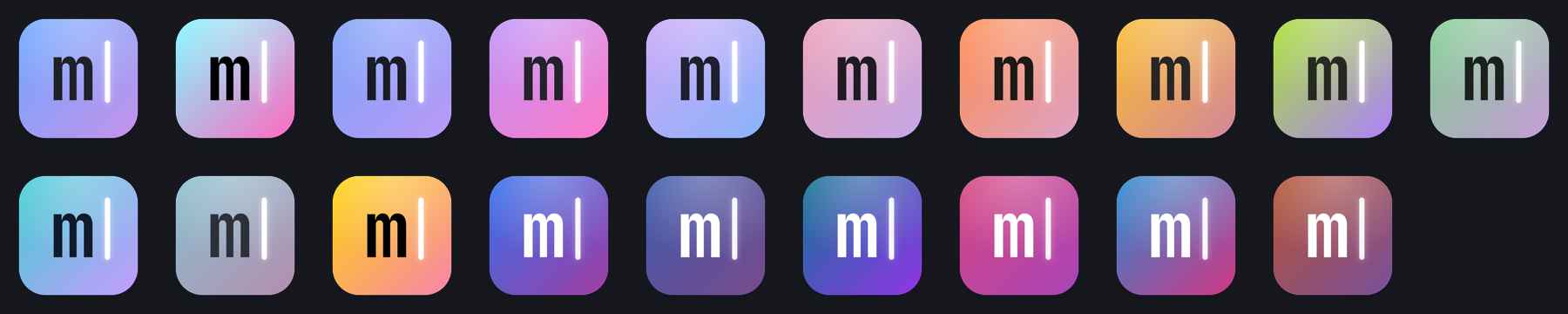 Minimide's app icon in each of the 19 themes